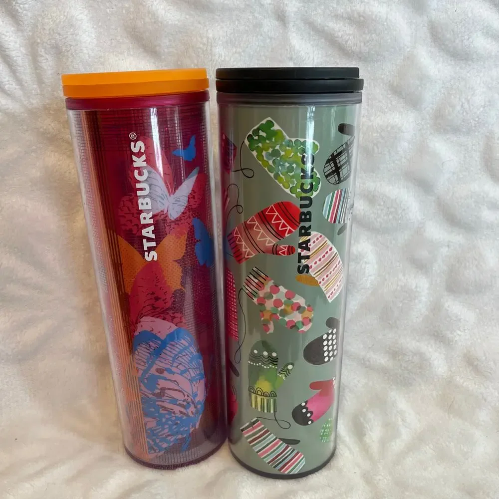 STARBUCKS 16oz tumblers mittens/butterflies slide tops set of 2